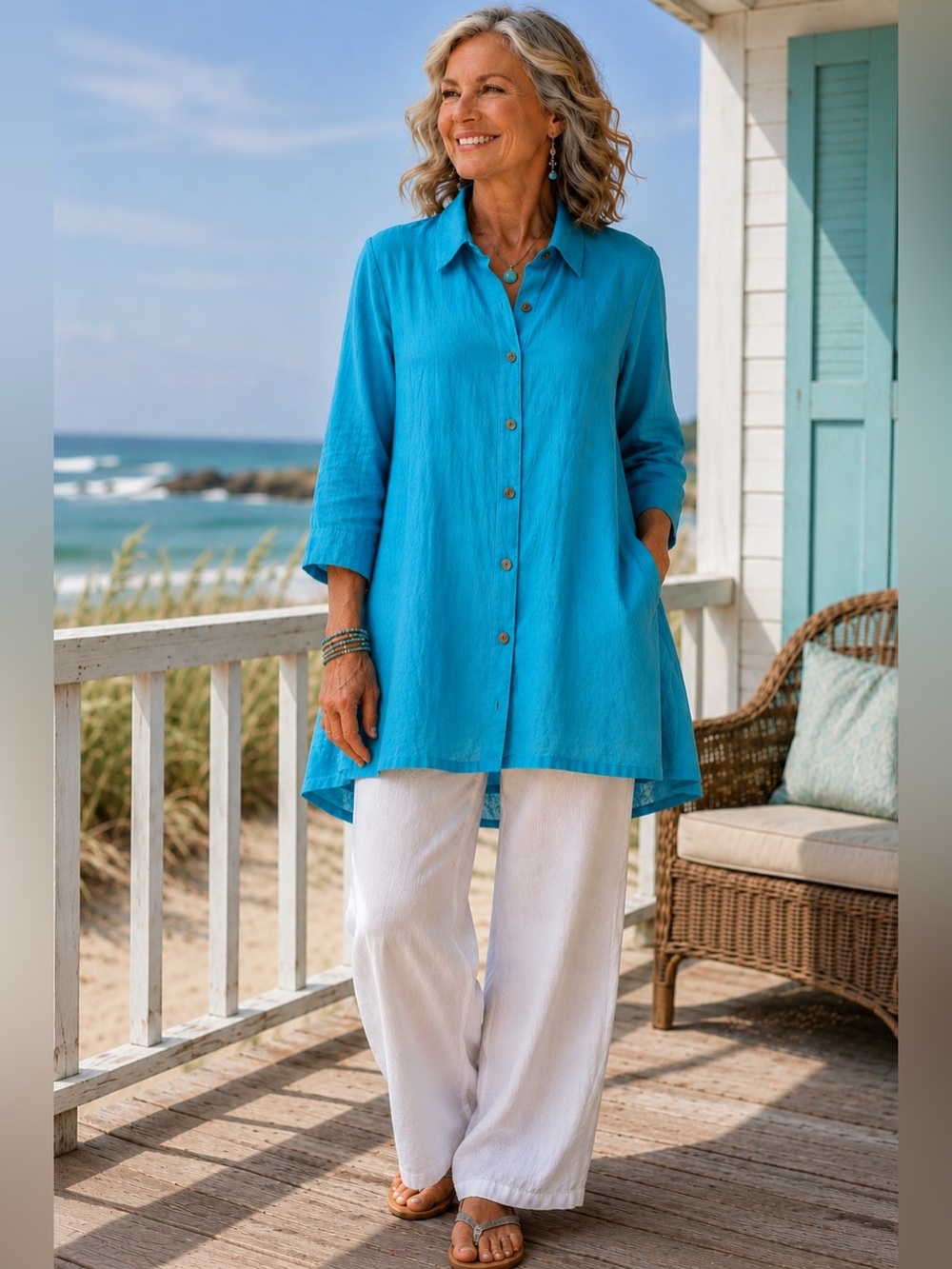 Vintage Click Color Me Cotton Boutique 100% Linen Turquoise Swing Tunic L #2611